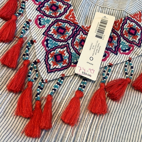 Chico's Women's Blue Embroidered Bohemian Tassel Blouse Top - Size Small - Picture 8 of 8